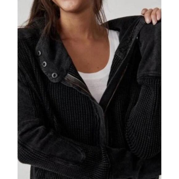 Free People Women's Mason Hoodie in Acid Wash Black,Waffle Knit Zip-Up Hoodie - Picture 2 of 8
